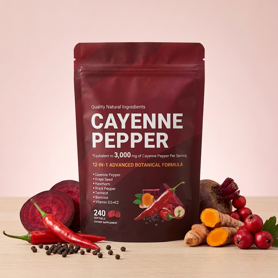 Orelia Cayenne Pepper Capsaicin Softgel product pouch — 240 enteric-coated softgels, 60-day supply