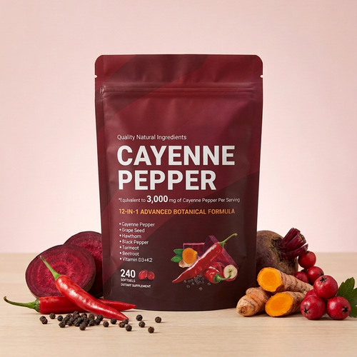 Orelia Cayenne Pepper Capsaicin Softgel product pouch — 240 enteric-coated softgels, 60-day supply