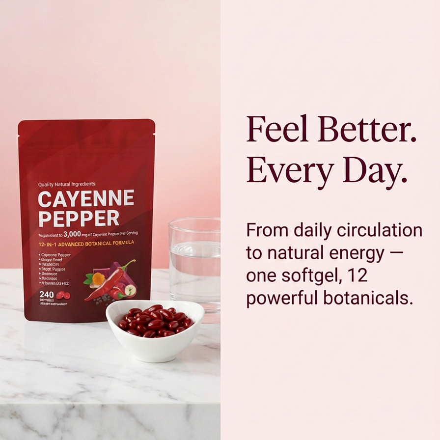 Orelia Cayenne Pepper Capsaicin Softgel packaging detail — non-GMO, no artificial colours